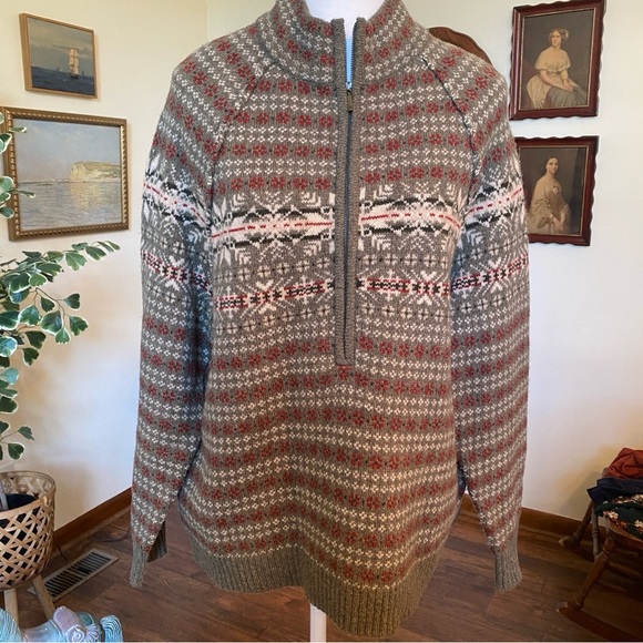 Vintage Woolrich Lambswool Fair Isle Nordic Half Zip Sweater Sage Heather LP - Picture 1 of 6